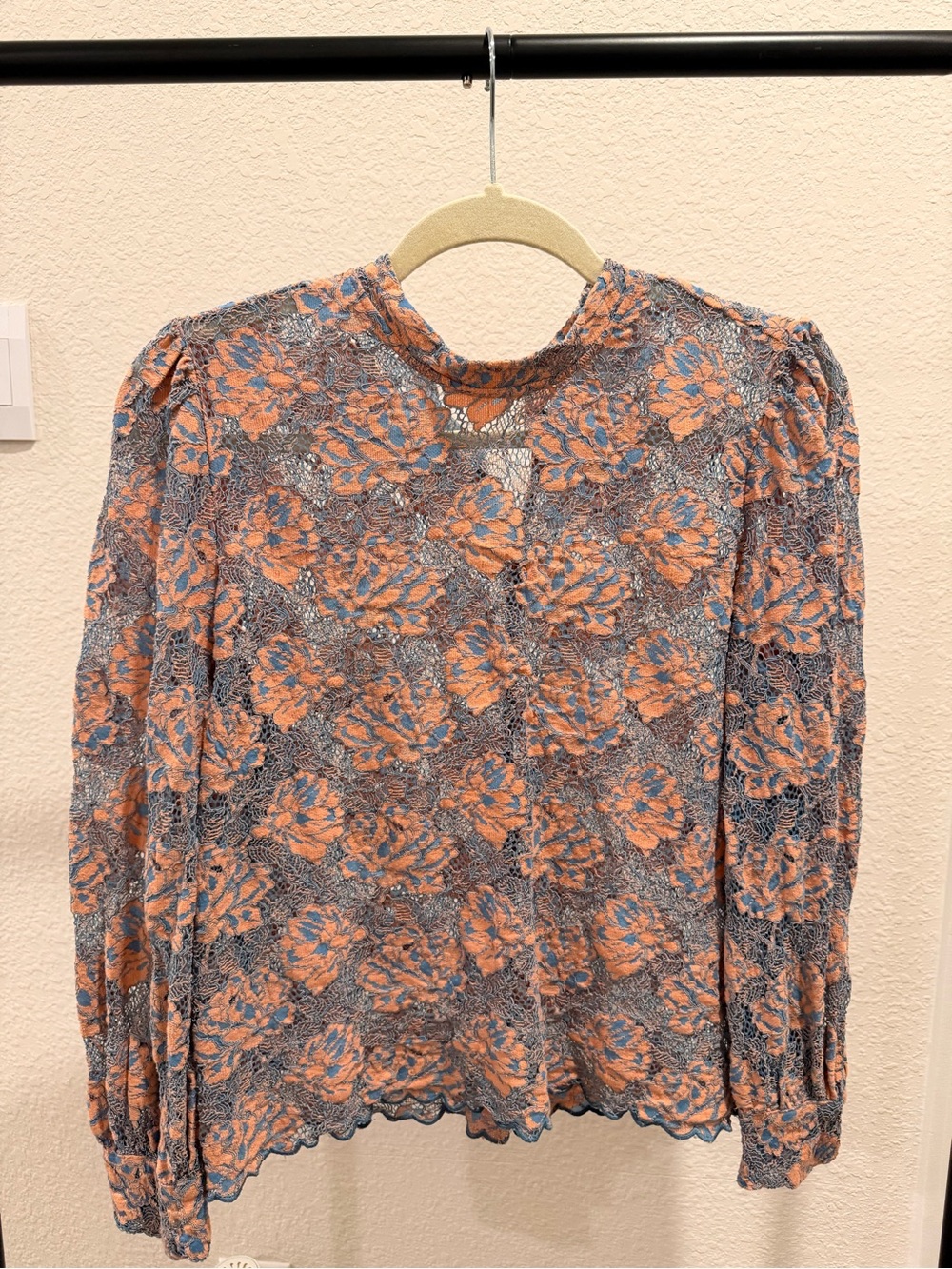 LOFT Peach and Gray Floral Lace Long-Sleeve Blouse